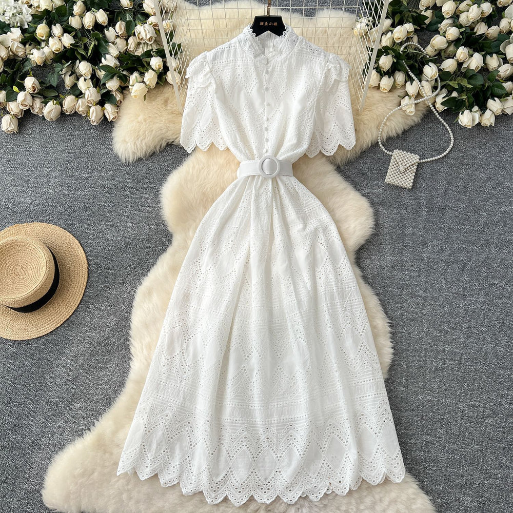 Elegant women's dress - summer : slim-fit, stand collar, short sleeve, openwork crochet embroidery, single-breasted long dress