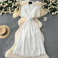 Elegant women's dress - summer : slim-fit, stand collar, short sleeve, openwork crochet embroidery, single-breasted long dress