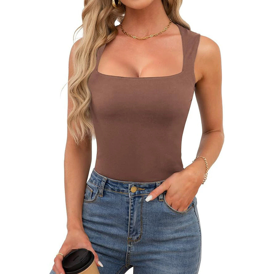 2025 Cross-border European and American Spice Girls Wear Sling Vest Women's Summer Sleeveless Off-Shoulder Square Neck Threaded Shoulder Strap Top Women