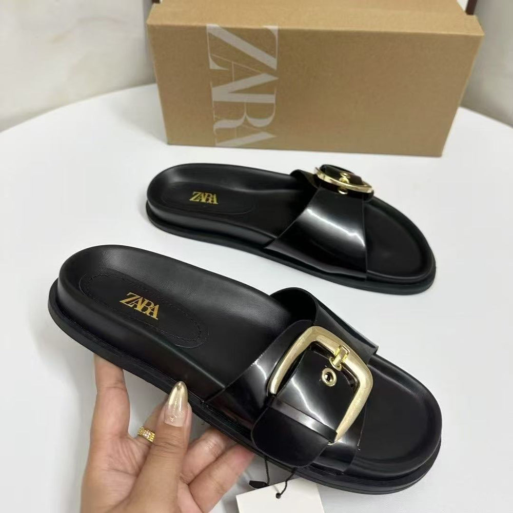 Za boken women's summer leather strap buckle chunky pvc thong sandals - comfortable soft sole beach sandals