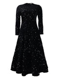 D469 cross-border new women's round neck long sleeve solid color sequin high waist elegant midi dress european and american style