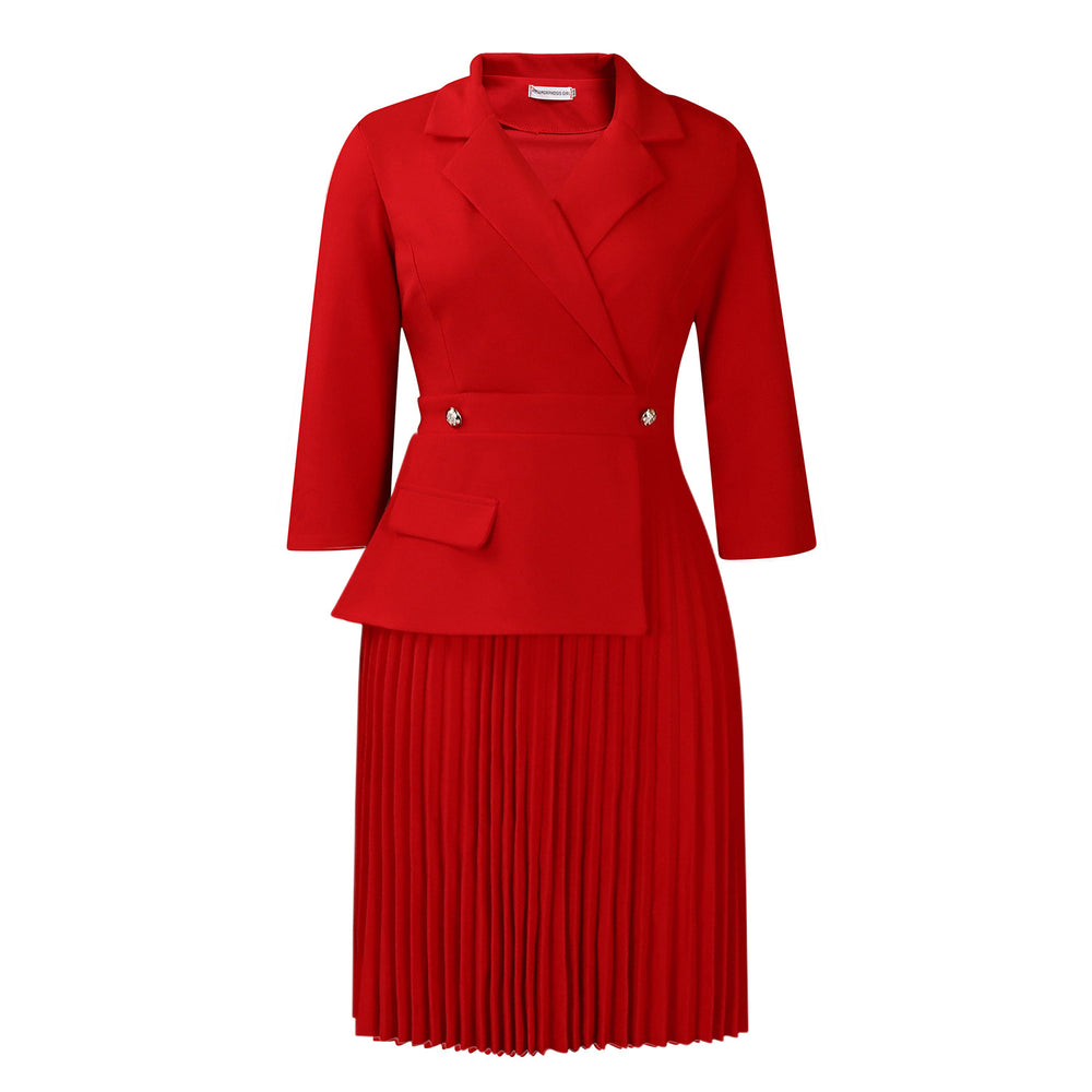 D543 women's foreign trade   autumn new fashion elegant blazer collar solid color pleated african dress