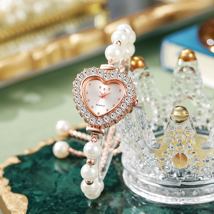 New arrivalfashionelegant small rhinestone women's watch heart diamond-encrusted preppy style small dial pearl bracelet watch