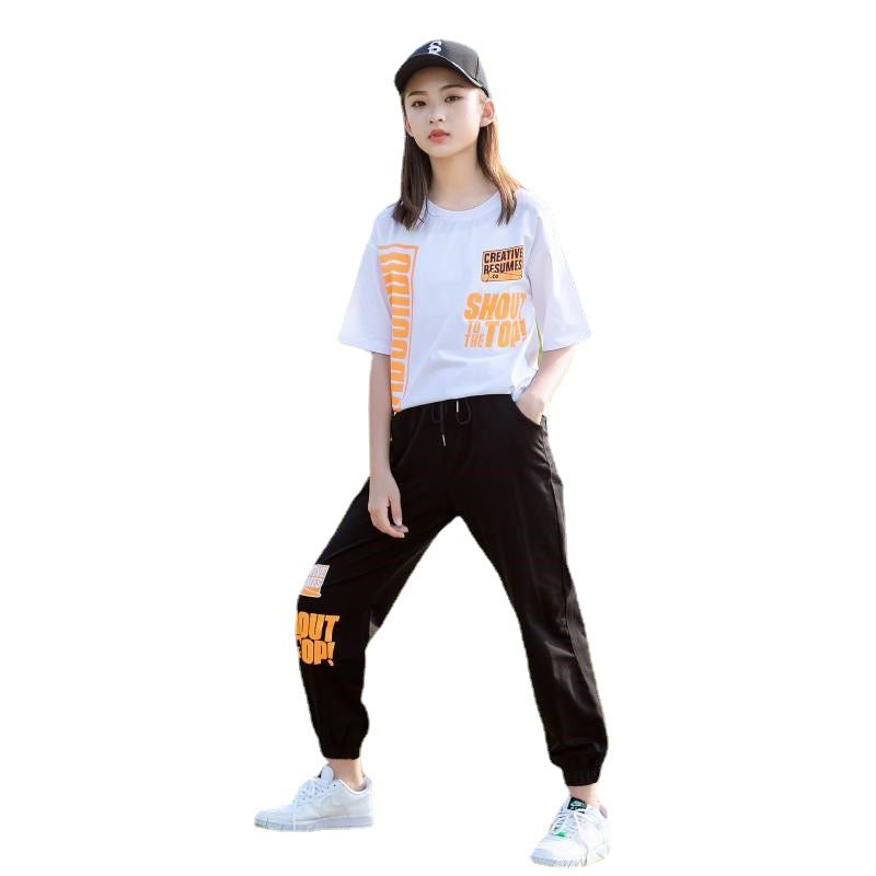 Girls' summer outfit : kids' activewear for 14-year-old girls (mid-to-large size), fashionable 0.75kg-piece set with short sleeves
