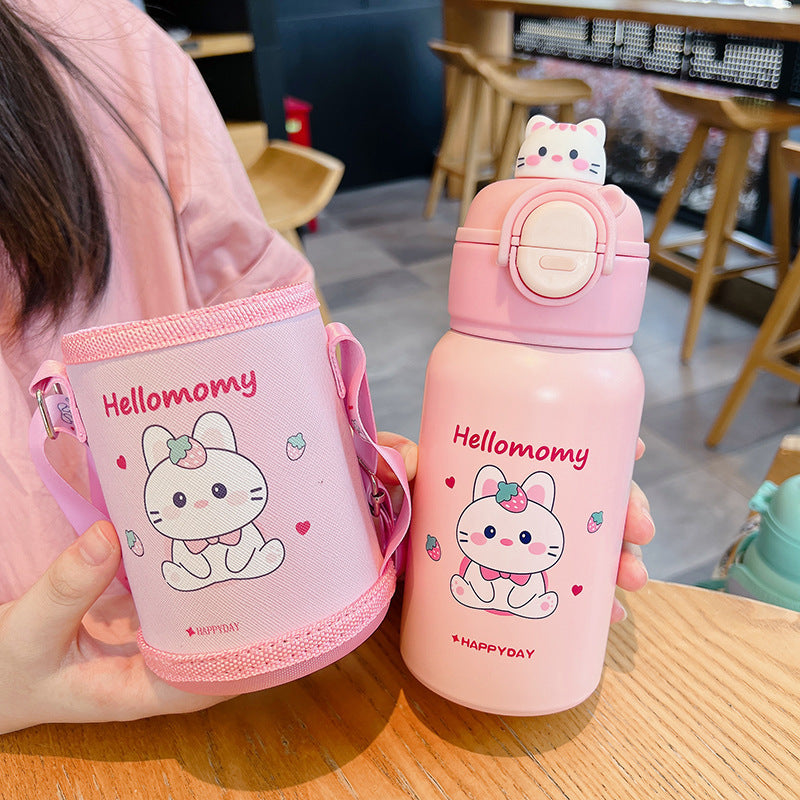 New cartoon character double-drink kids' thermos cup, 316 stainless steel food-grade water bottle with sleeve and straw