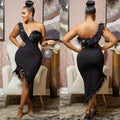 X5907   fashion new product pure colorv neck sleeveless chest wrap feather asymmetrical midi skirt dress