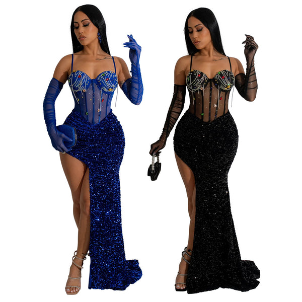 CY900964 European and American suspender high split dress women, fashion sequins, including gloves