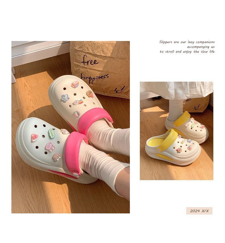 Summer shoes for women, cute thick sole dopamine heightening hole beach non-slip sandals outwear slippers toe cap clogs