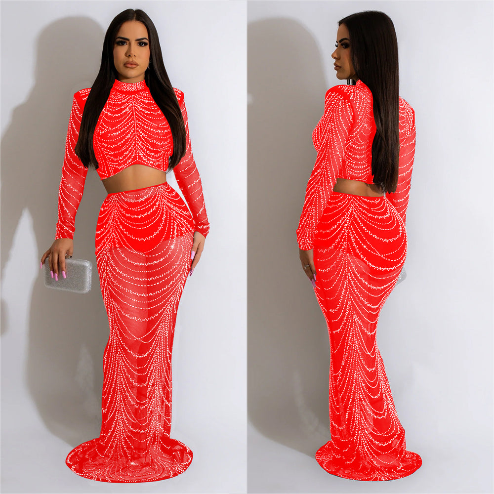 C6318 cross-border   fashion women's solid color mesh rhinestone long sleeve maxi dress two-piece set