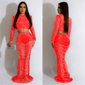 C6318 cross-border   fashion women's solid color mesh rhinestone long sleeve maxi dress two-piece set