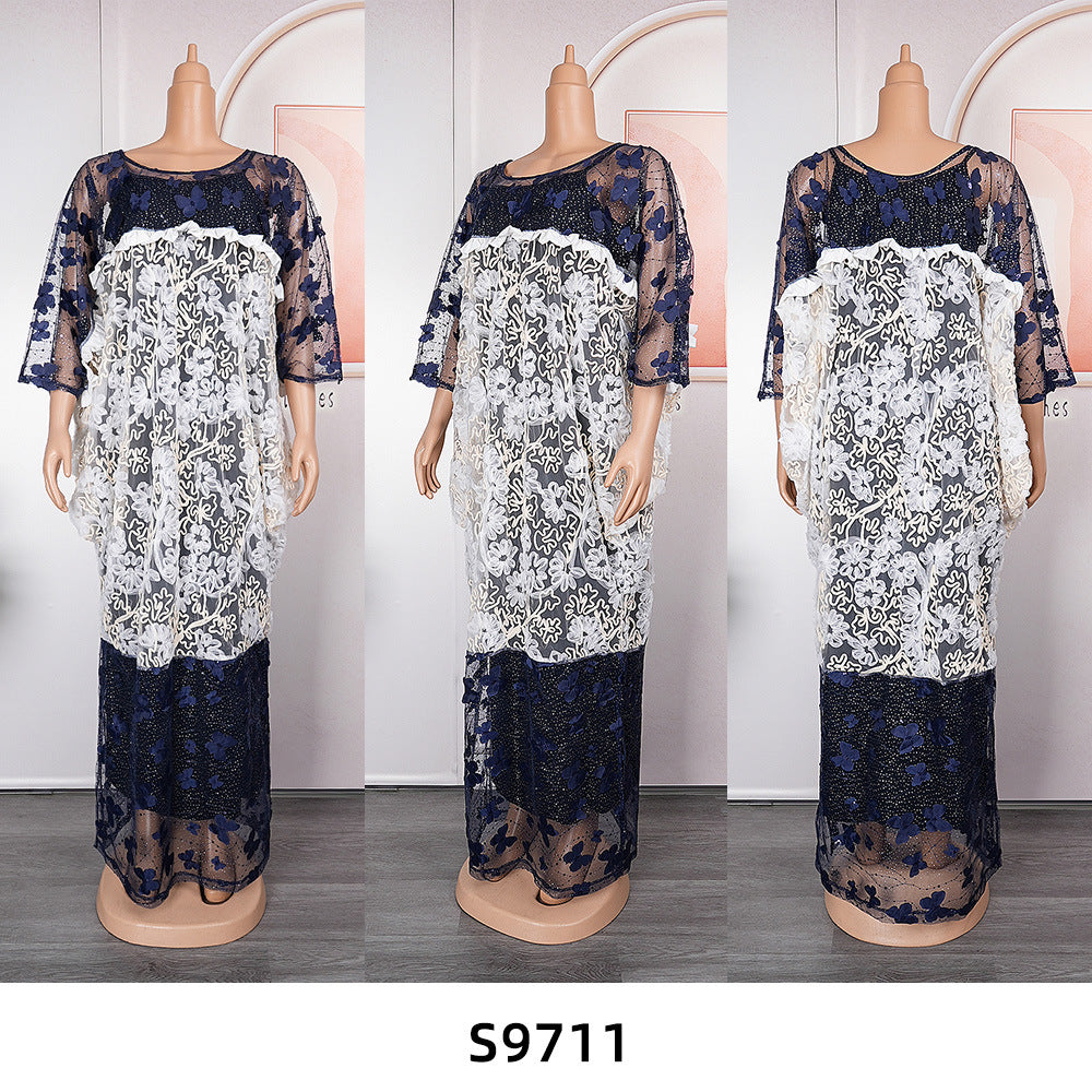 new european and american cross-border e-commerce  butterfly floral dress african  lace patchwork robe