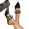Irregular heel pointed toe slippers, black patent leather mules with metal chain detail, european and american style plus size women's shoes, 1688