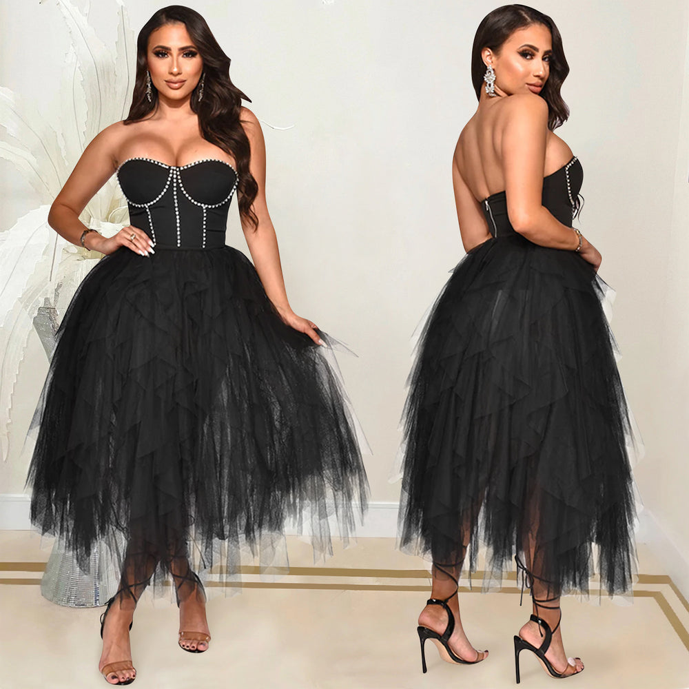 X5709 new arrival:  &  fashionable solid color hotfix rhinestone bandeau fluffy mesh dress - women's apparel