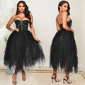 X5709 new arrival:  &  fashionable solid color hotfix rhinestone bandeau fluffy mesh dress - women's apparel