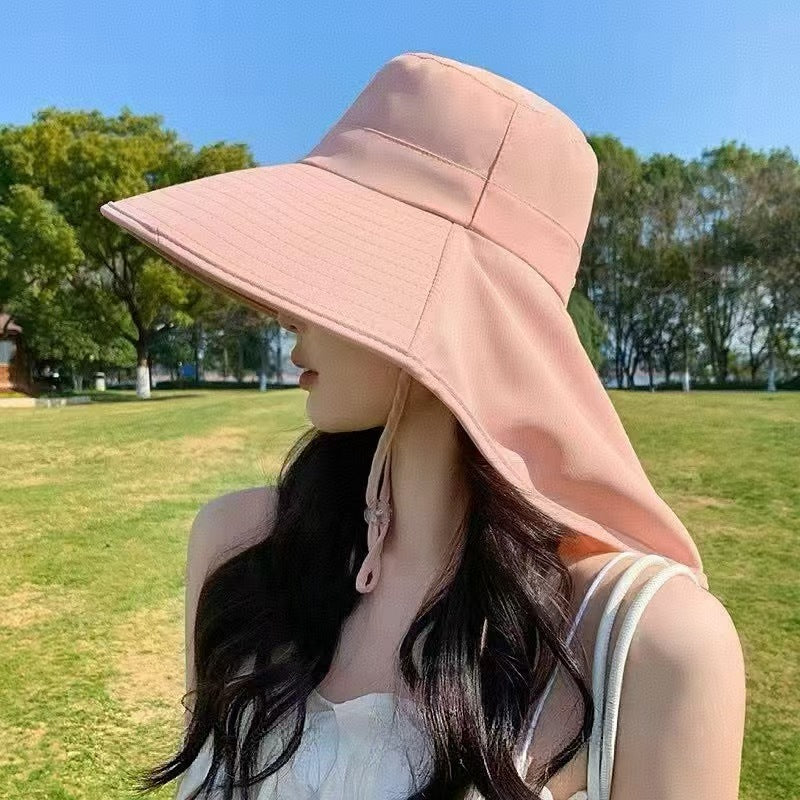 Large brim sun protection integrated tea picking hat women's summer anti-ultraviolet sunshade neck protection shawl bucket hat can tie a ponytail