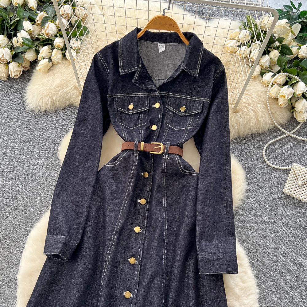 French retro chic, high-end denim dress with metal buckle collar, long sleeves, single-breasted button closure, and tie-waist detail