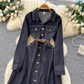 French retro chic, high-end denim dress with metal buckle collar, long sleeves, single-breasted button closure, and tie-waist detail