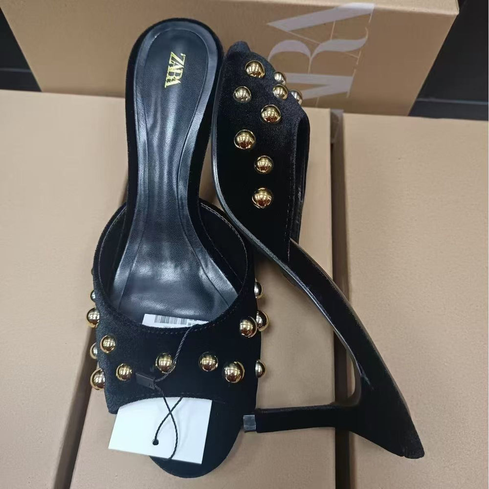 Black suede studded backless slip-on stiletto sandals - 2025 summer new arrival - low-cut outerwear mules