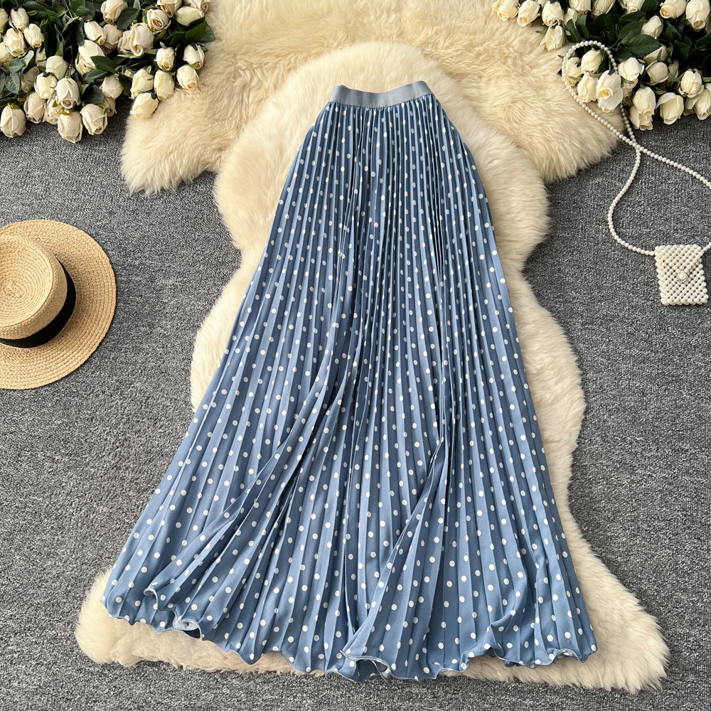 K-style polka dot pleated elegance skirt women's high waistslimming looka-line long skirtwork clothingeasiest for matchpatchworkelegant skirt
