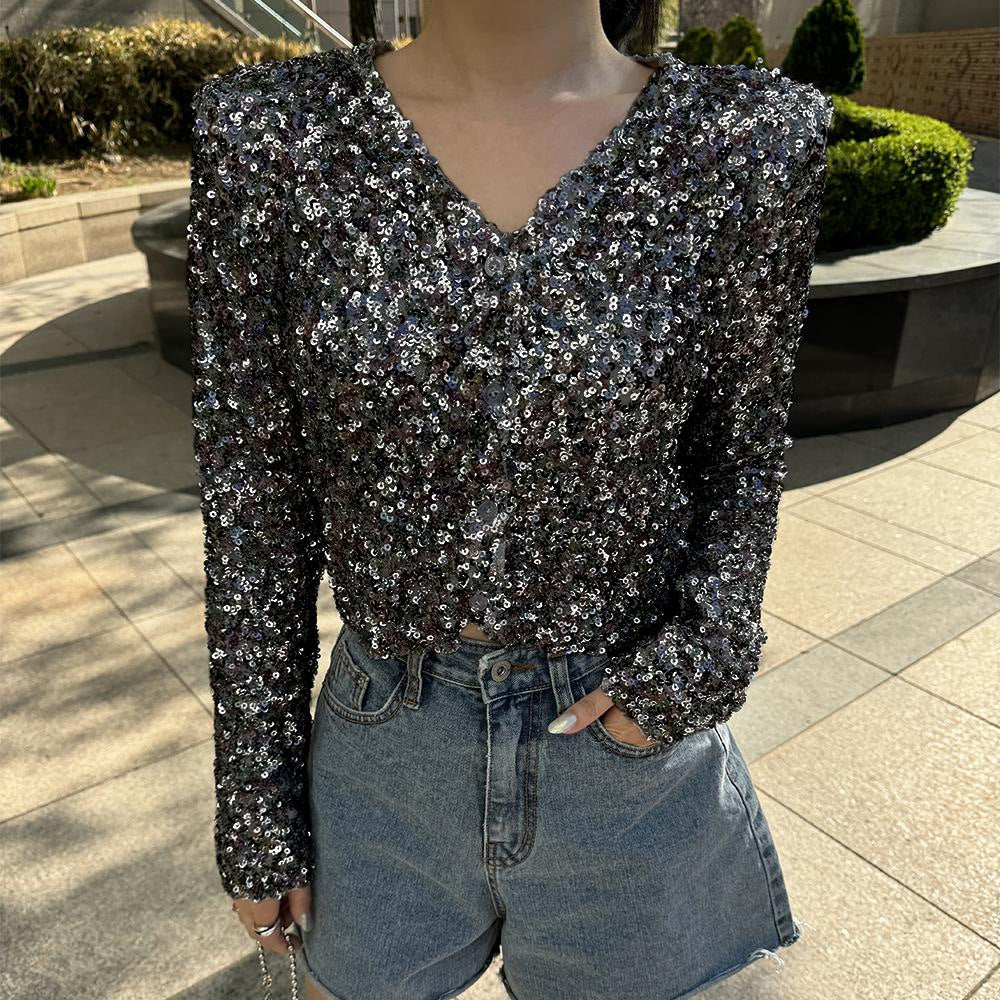 new european and american  style long sleeve urban casual color block loose fit pullover sequin v-neck t-shirt top for women