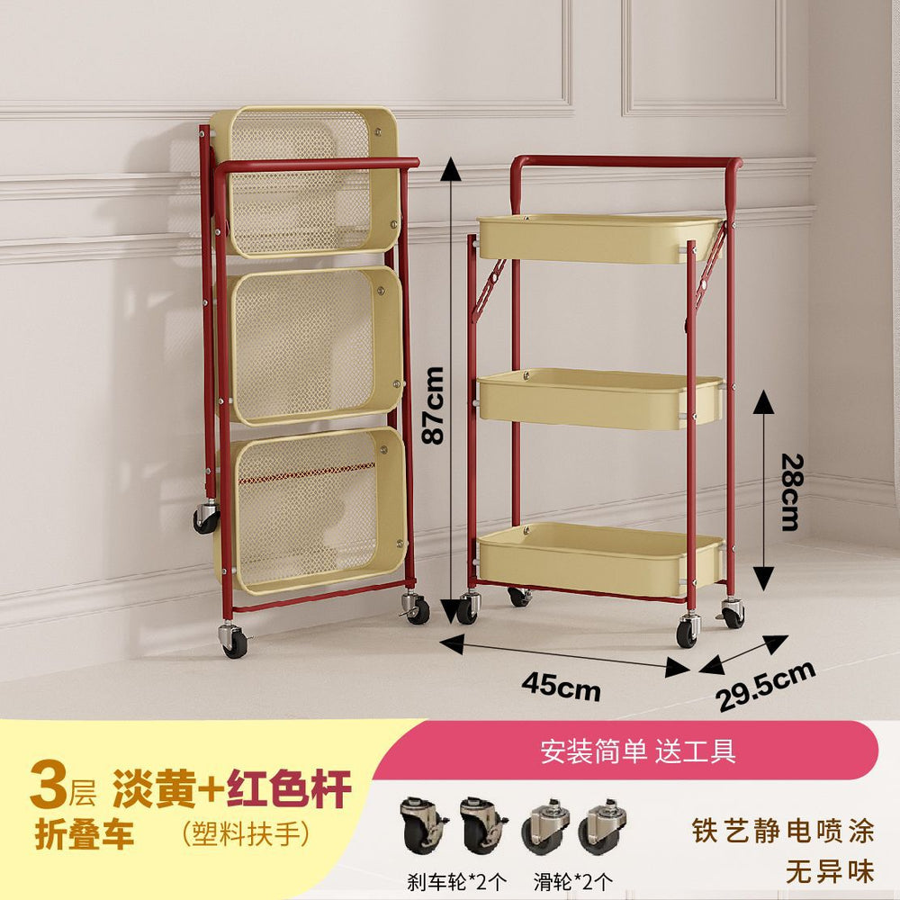 All-carbon steel foldable, no-assembly storage cart - mobile trolley for bathroom, kitchen, and snack storage