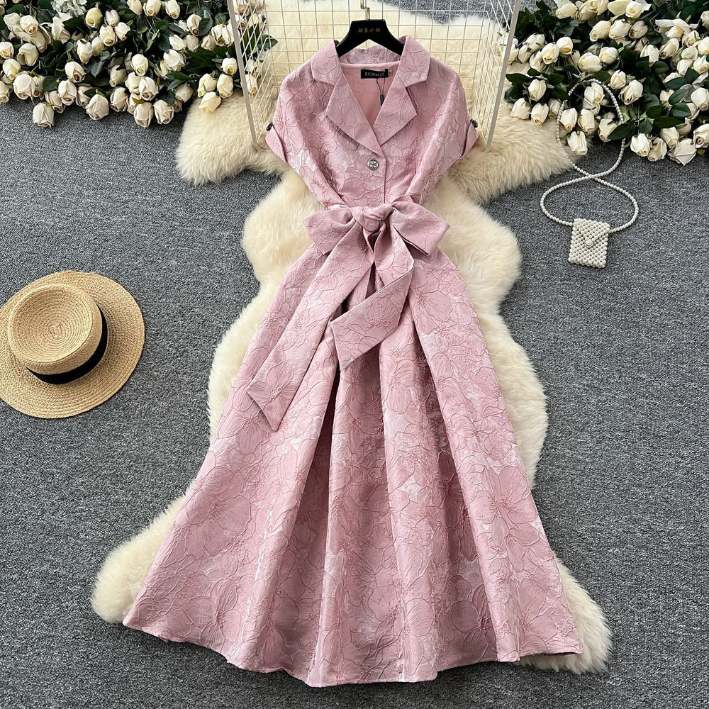 High-end exquisite women's formal dress - summer  collection: tie-waist, notch collar, short sleeve, jacquard, flowy maxi dress