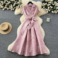 High-end exquisite women's formal dress - summer  collection: tie-waist, notch collar, short sleeve, jacquard, flowy maxi dress
