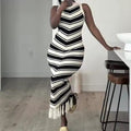 tight stripes tassel sweater skirt women's summer sleeveless hip skirt silmslimming lookknittingdress