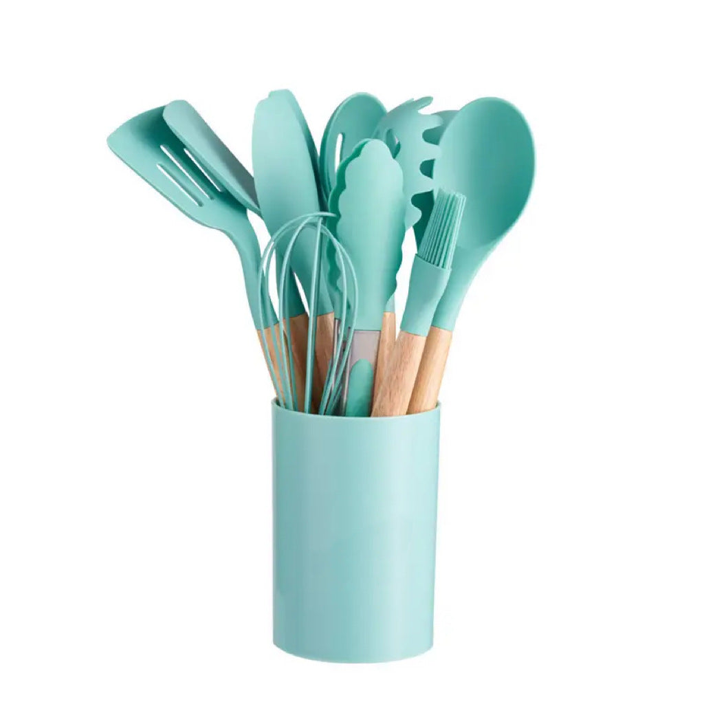 Cross-border twelve-piece set of colored wooden handle silicone kitchenware set to store food-grade high temperature resistant spatula spoons in stock