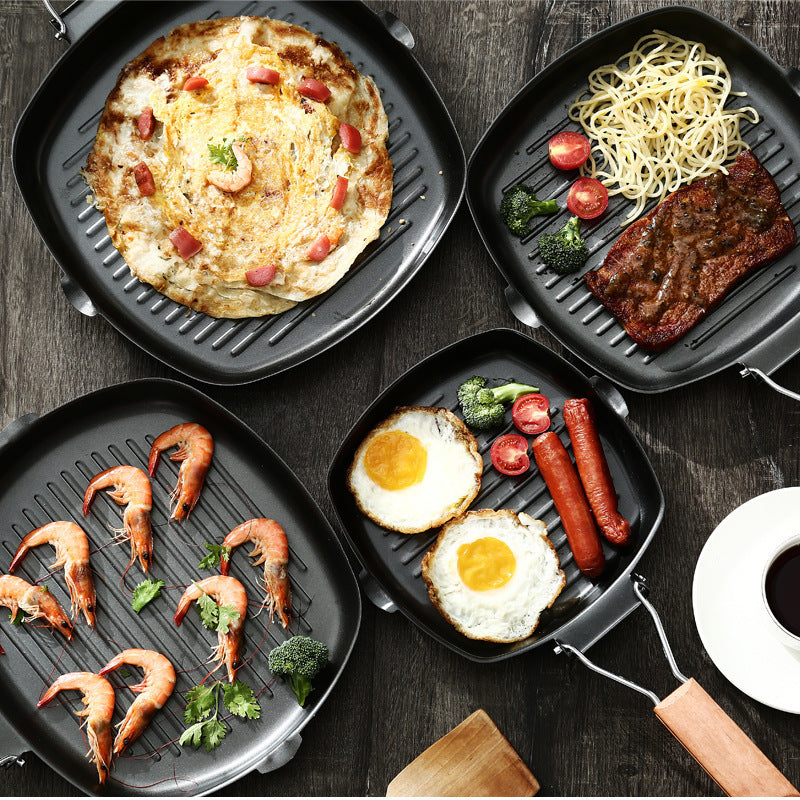 Household outdoor steak frying pan medical stone foldablethickenedstripesflats pot non-stick pan fried egg multifunctional pot