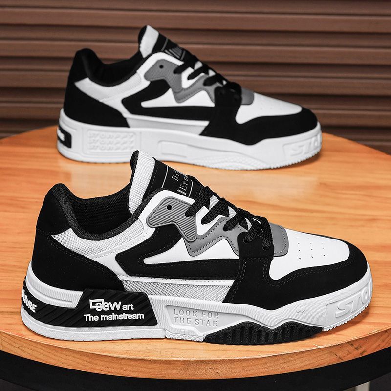 Men's spring chunky platform sneakers: waterproof, non-slip, black and white panda design, athletic casual shoes for men and teens, fashionable skate shoes
