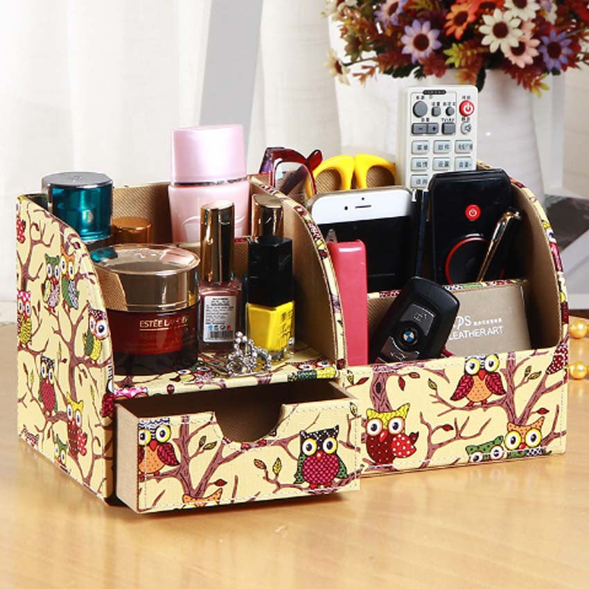 Desktop office storage box Organizer business card box, household with drawer finishing box Creative leather pen holder