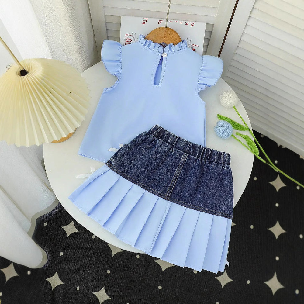 spring/summer new arrival: girls' ruffle-neck flutter sleeve top and denim skirt two-piece set with bow detail