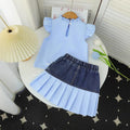 spring/summer new arrival: girls' ruffle-neck flutter sleeve top and denim skirt two-piece set with bow detail