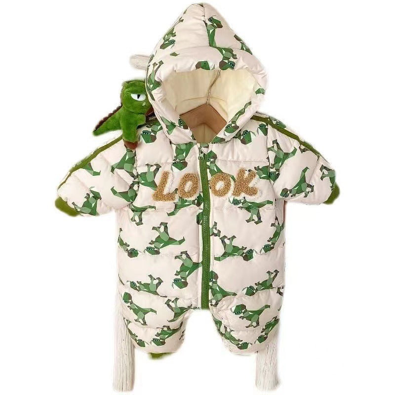 Infant and toddler winter clothing, korean style, unisex baby onesies, quilted dinosaur design, thickened for winter outings, fashionable jumpsuit