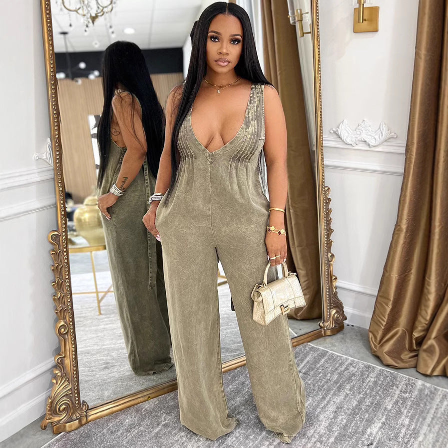 European and american style women's denim jumpsuit - new solid color backless sleeveless loose romper for  cross-border e-commerce