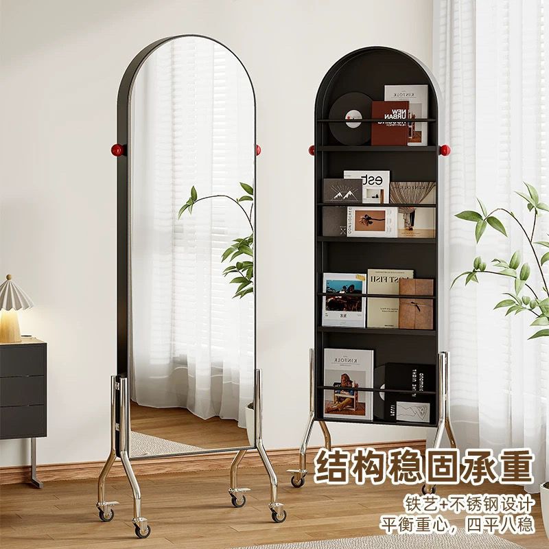 Full-length mirror, movable mirror, medieval style storage magazine rack, floor mirror, home storage bookshelf, rotating full-length mirror