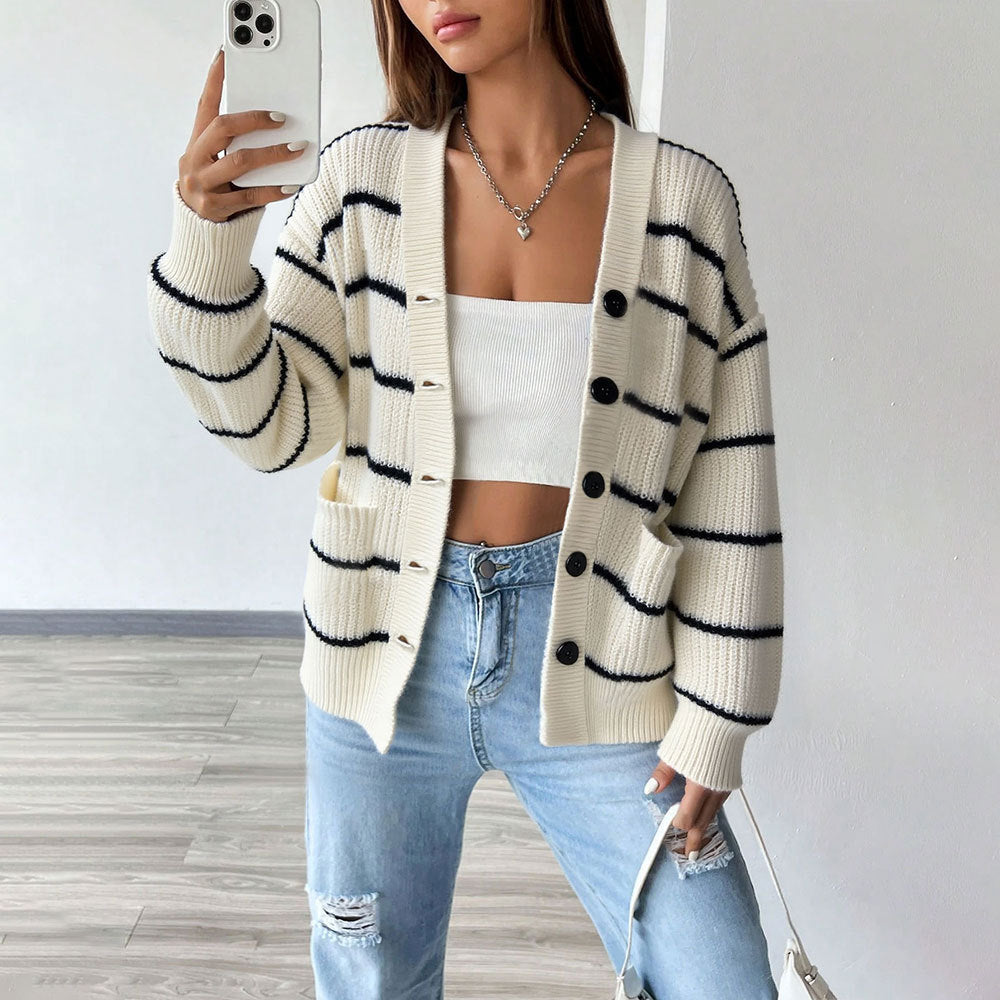 Cross-border new autumn and winter knitted cardigan striped contrasting colors lazy style loose thin big pocket versatile sweater