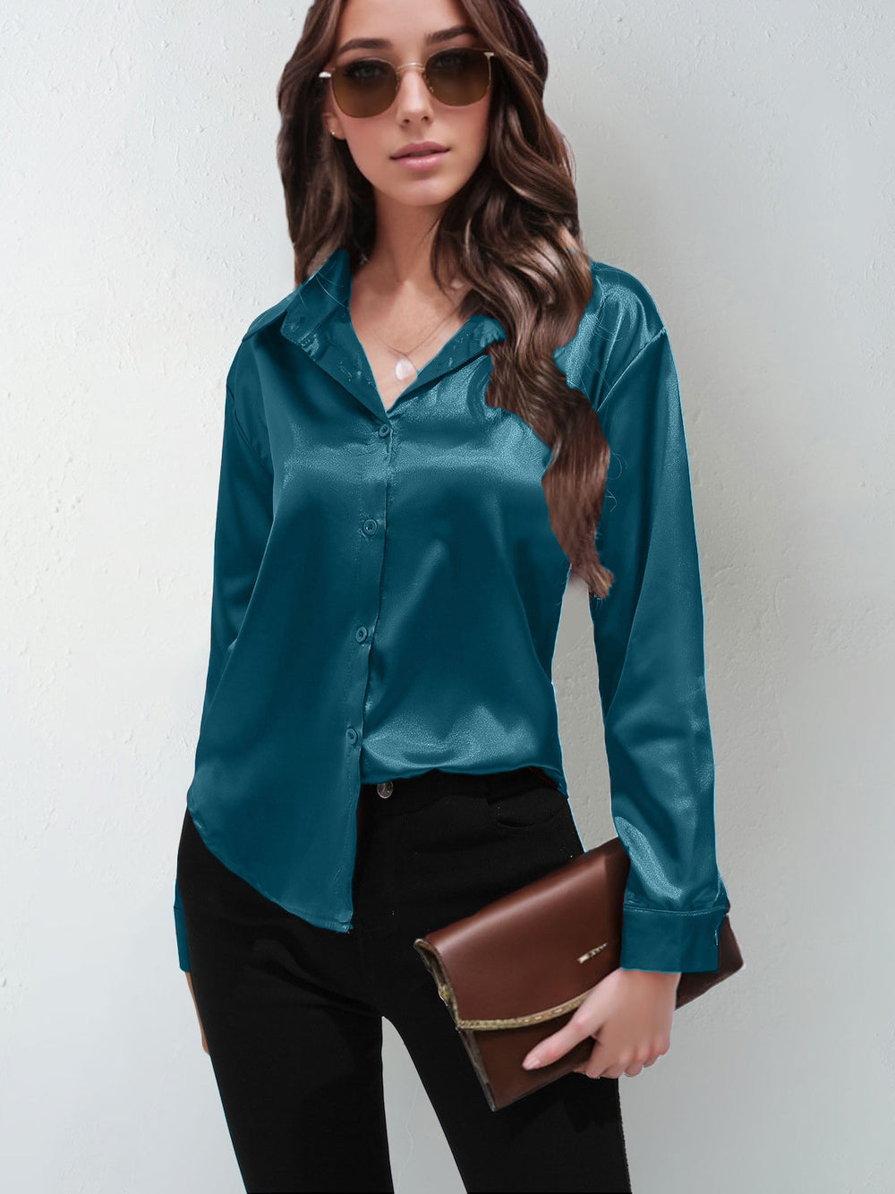 Satin shirt women's satinartificial silk long sleeves  best sellingpure colortopselegance button front lapel shirt