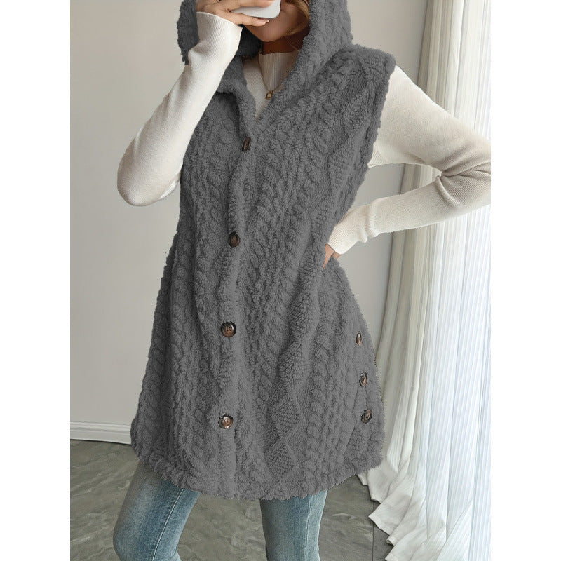 Europe and the United States   hot-selling explosion solid color double-sided plush hooded button cardigan casual women's autumn and winter vest