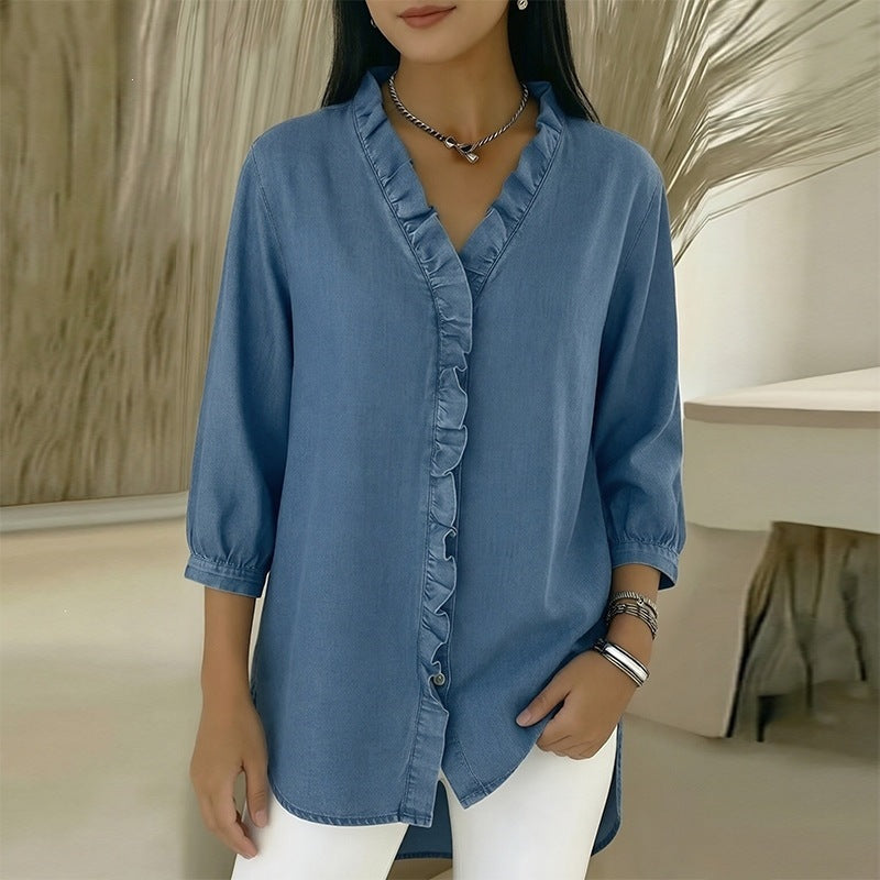 european and american export women's fashion solid color shirt with lace sleeve detail, casual blouse, new summer women's clothing