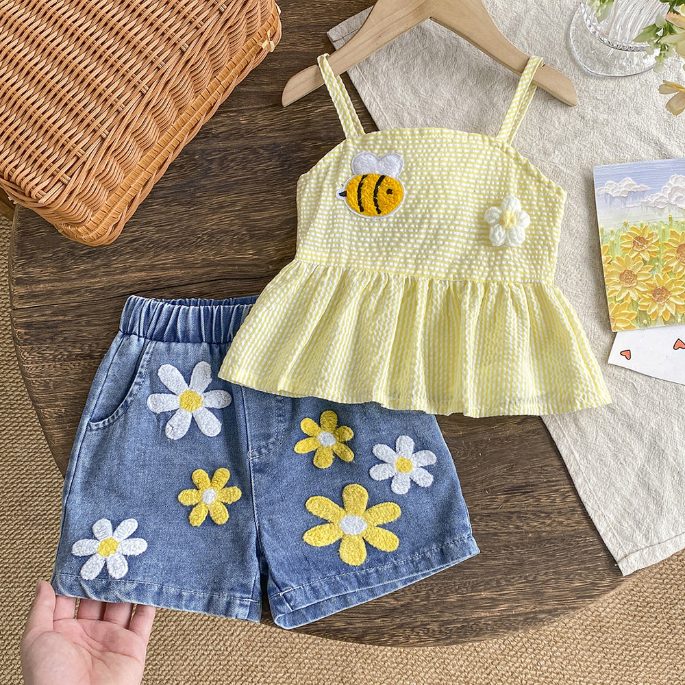 Kids clothing cross-border exclusive for european and american girls new arrival children's yellow suspender tops + blue shorts