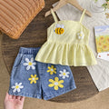 Kids clothing cross-border exclusive for european and american girls new arrival children's yellow suspender tops + blue shorts