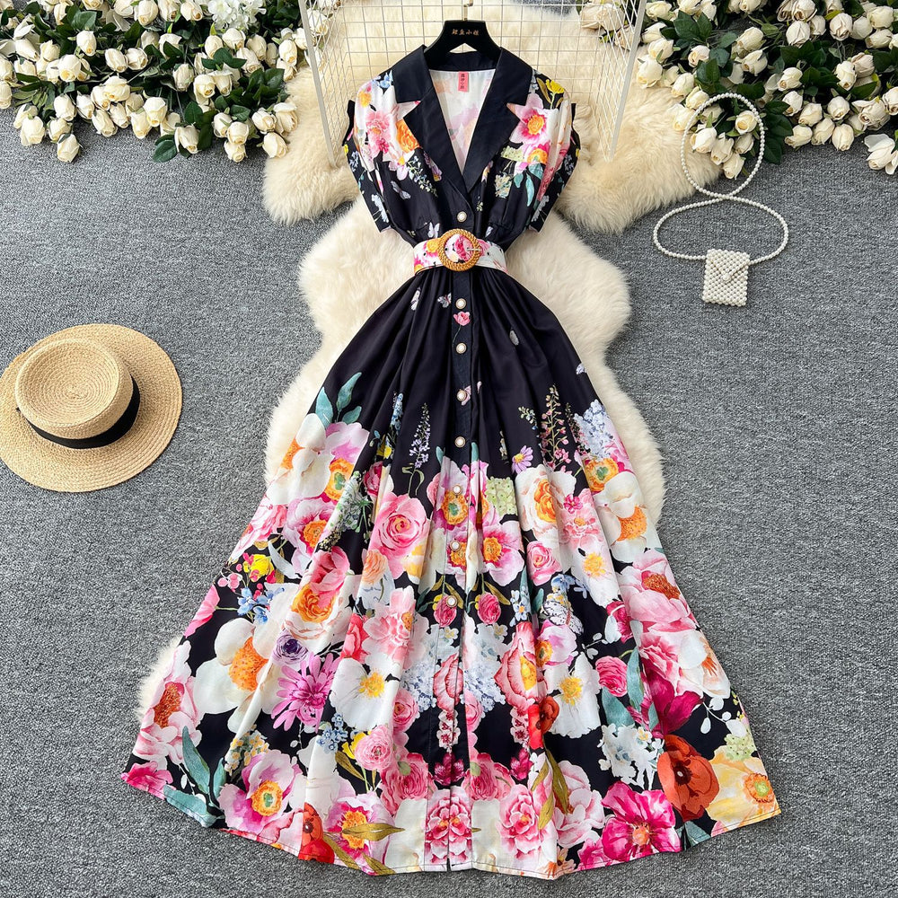 2025 spring new arrival: royal court style retro stand collar dress - european & american socialite design, cinched waist, single-breasted button, printed maxi dress