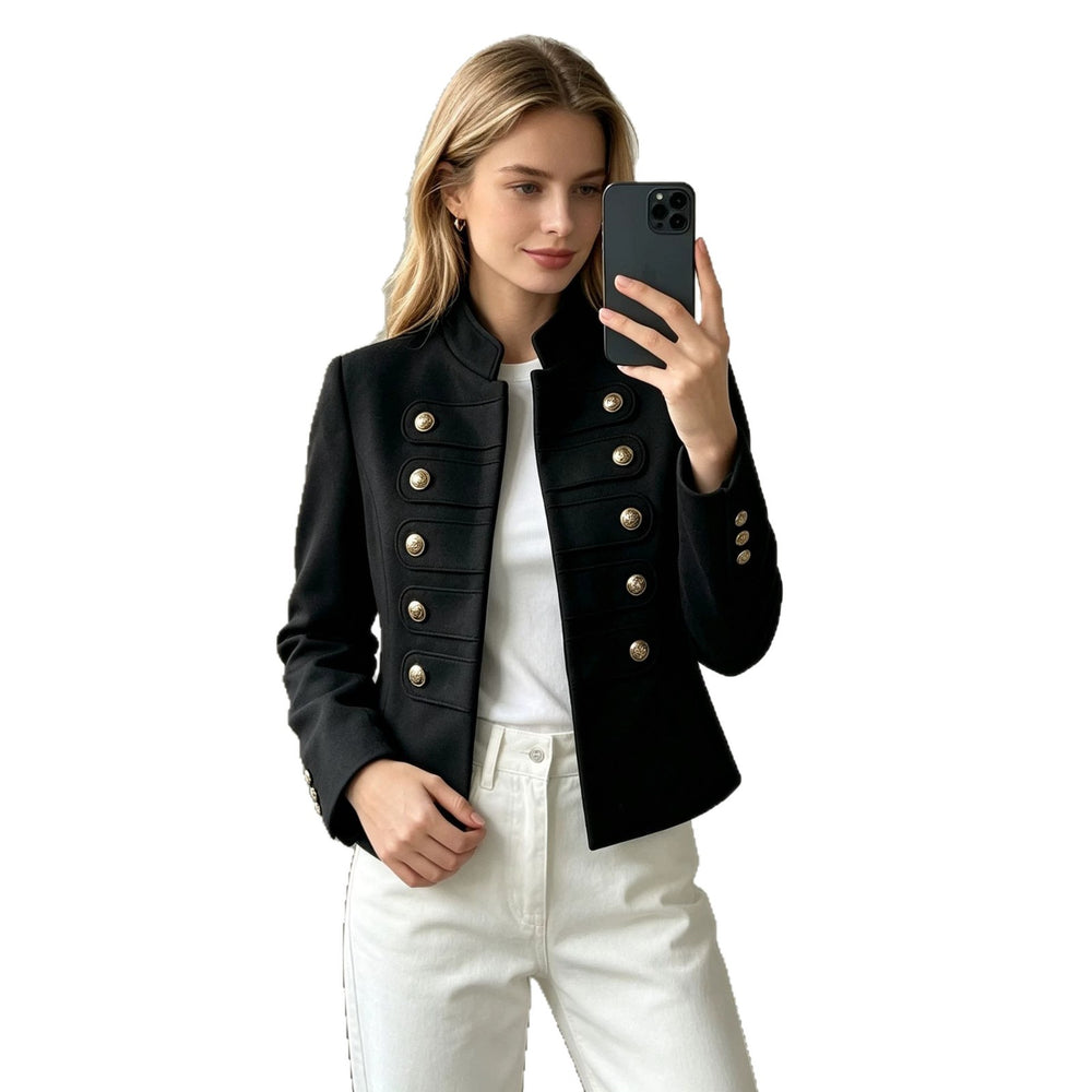 cross-border european and american style stand collar double-breasted cropped jacket - women's retro metal buckle chic commute top