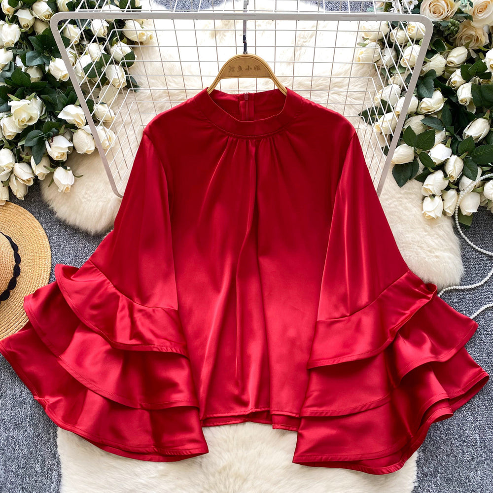 European and american chic ruffle trim flared sleeve satin blouse - women's  autumn collection, high-end versatile top