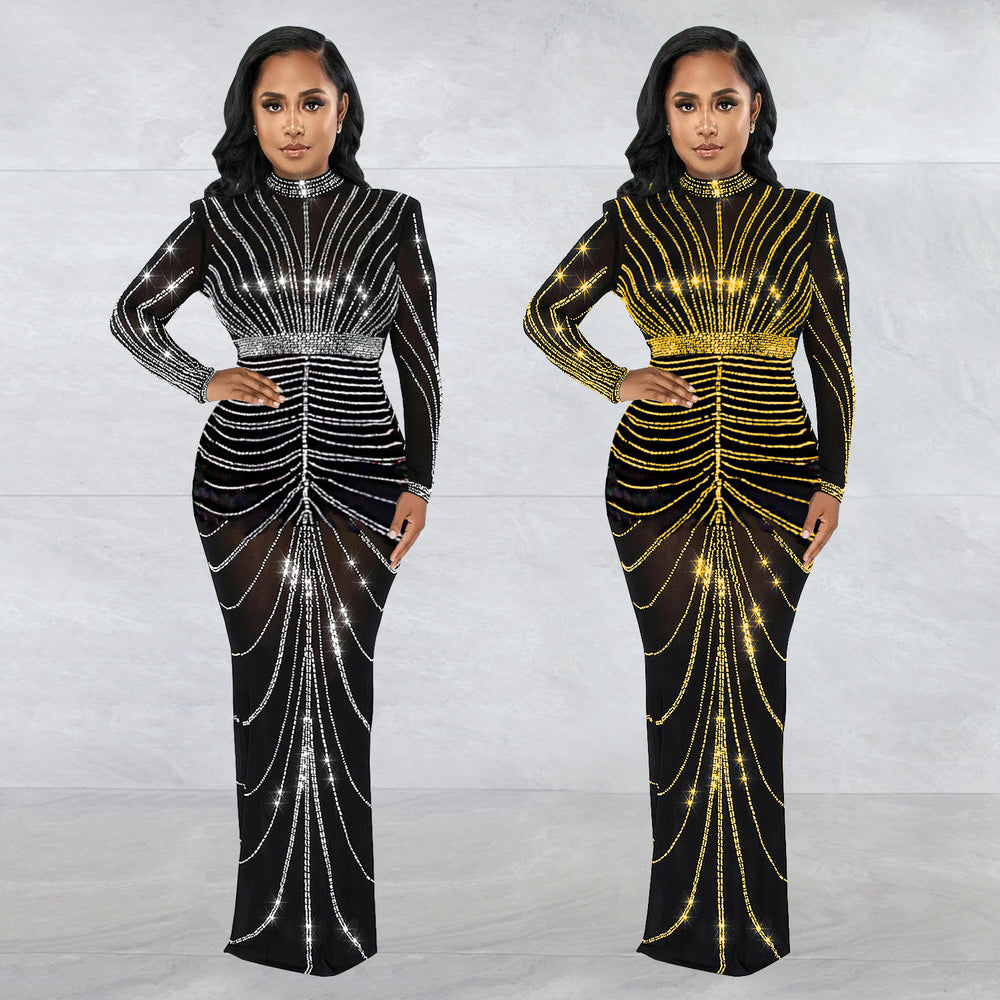 C7141 cross-border   fashion women's sexy long sleeve back slit rhinestone dress new