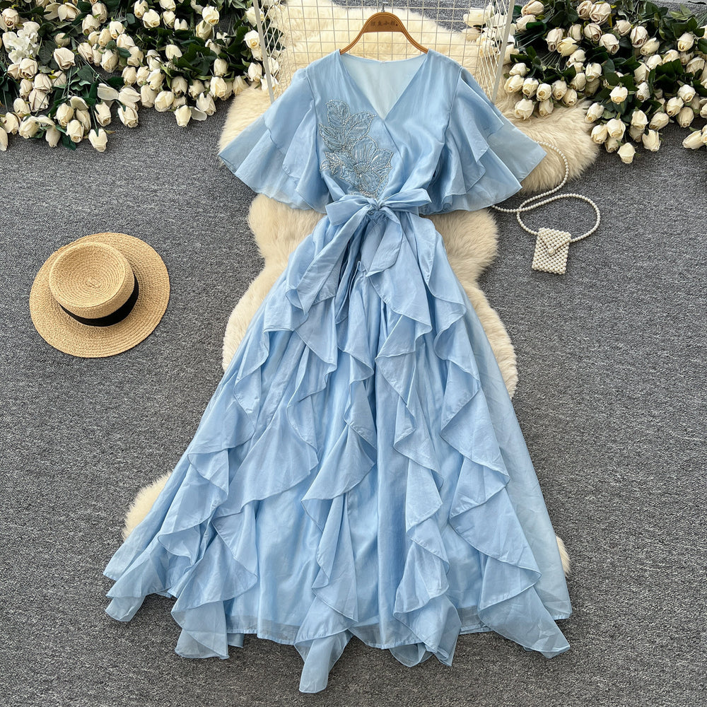 French chic v-neck flutter sleeve dress - new  collection: slimming, figure-flattering, ruffle hem maxi dress for an elegant and refined look