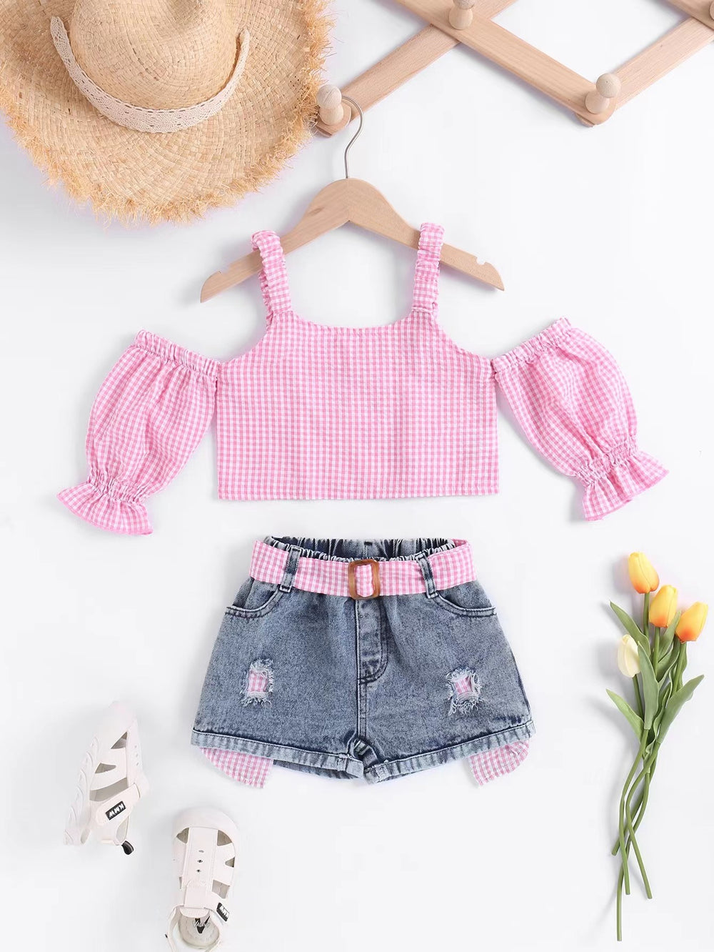 summer new arrival: trendy ins-style cross-border e-commerce export two-piece set for girls - off-shoulder cami with puff sleeves, sweet and adorable