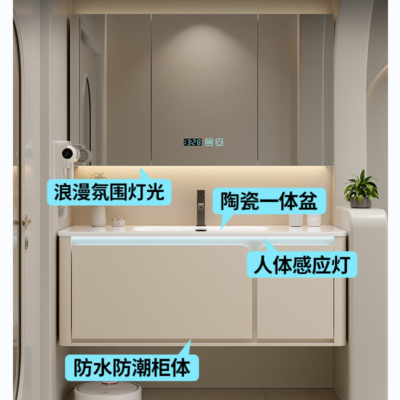 陶瓷一体盆浴室柜组合奶油风卫生间洗漱台洗手池盆柜实木卫浴柜新